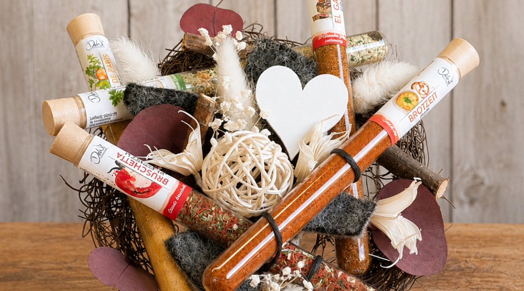 Handgemachter Gewürzstrauß als kreative Geschenkidee auf Rebenmanschette mit Gewürzen im Reagenzglas, weißem Holzherz, Rattankugeln und natürlichen Dekoelementen.